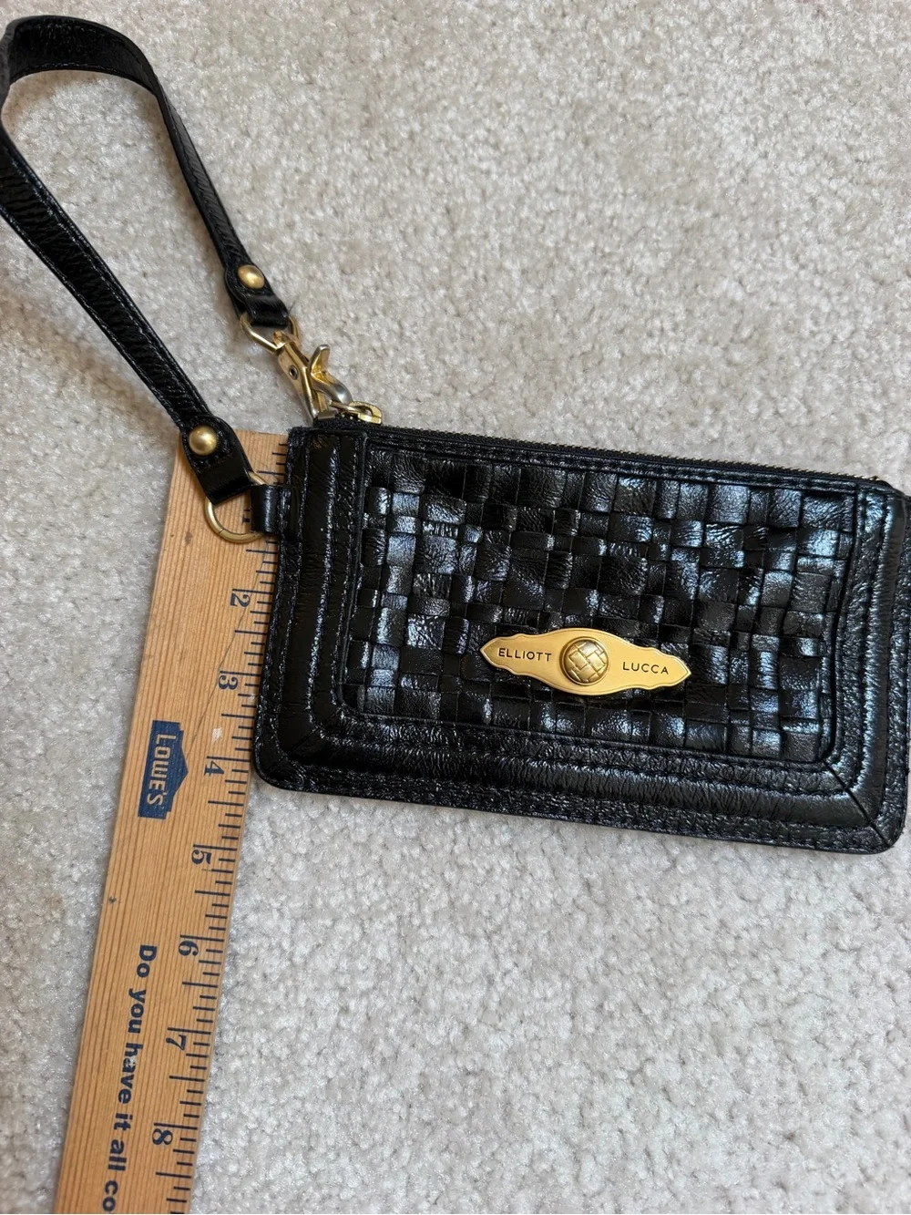 Elliott Lucca Black Woven Leather Wristlet with Gold Plate